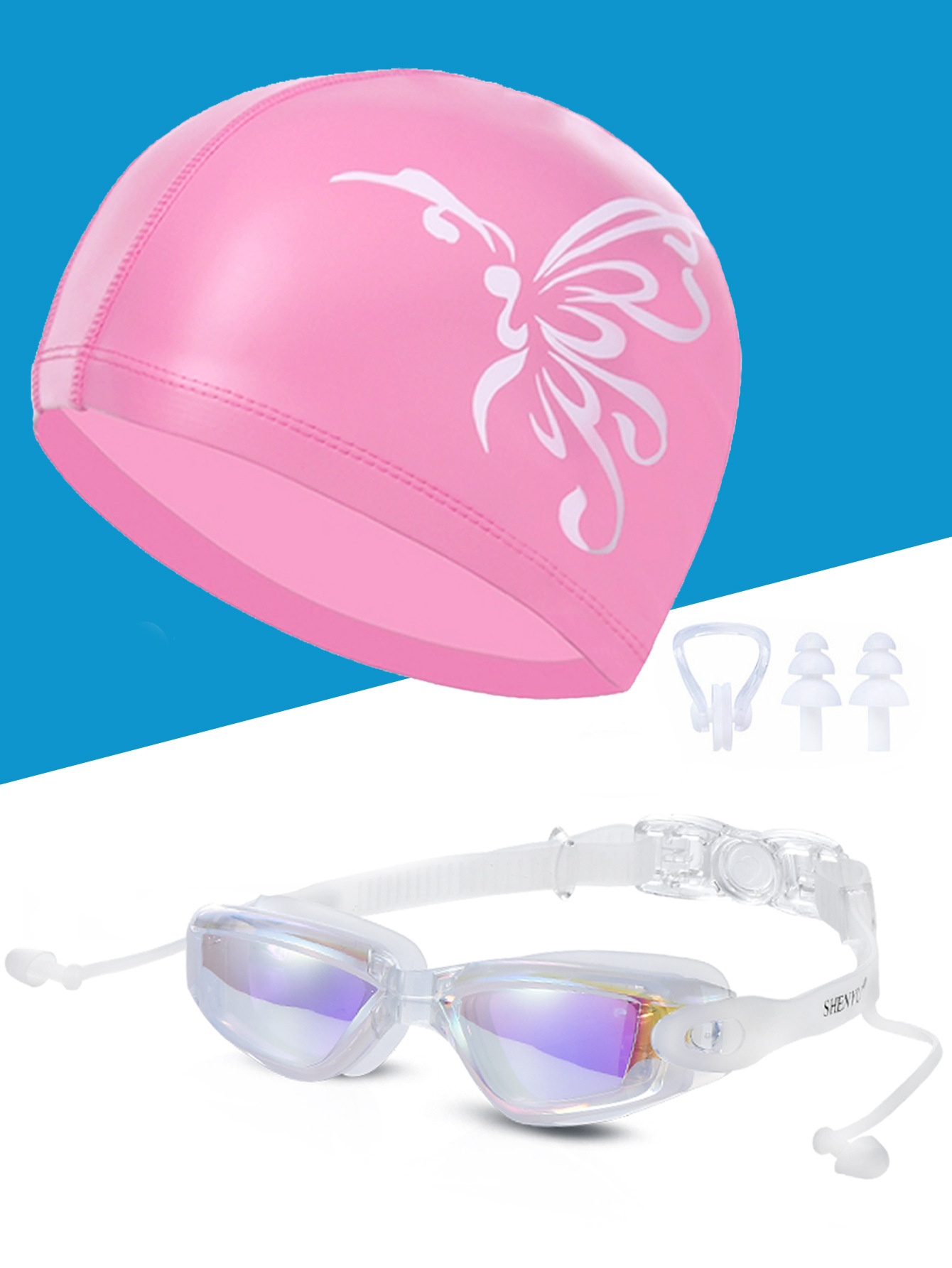 Picture of Amazon swimming goggles swimming cap nose clip earplug HD waterproof anti-fog large frame men's and women's swimming equipment goggles 7001