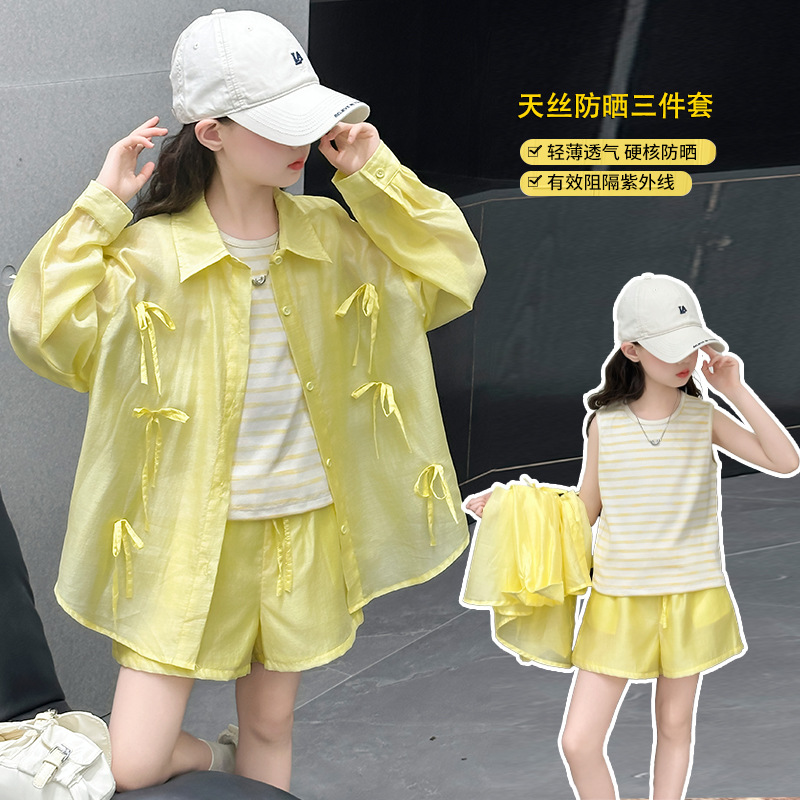 Girls' Sunscreen suit Summer 2025 New Arrival CUHK Children's Stylist Long-Sleeved Tencel Sunscreen Shorts Three-Piece Trendy Set