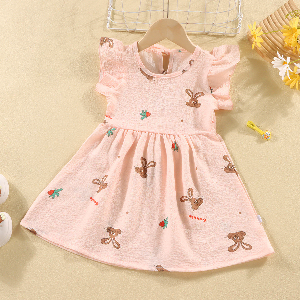 Picture of Girls' short-sleeved T-shirt 2024 new summer baby girls' off-shoulder strap fashionable western style top for infants and children
