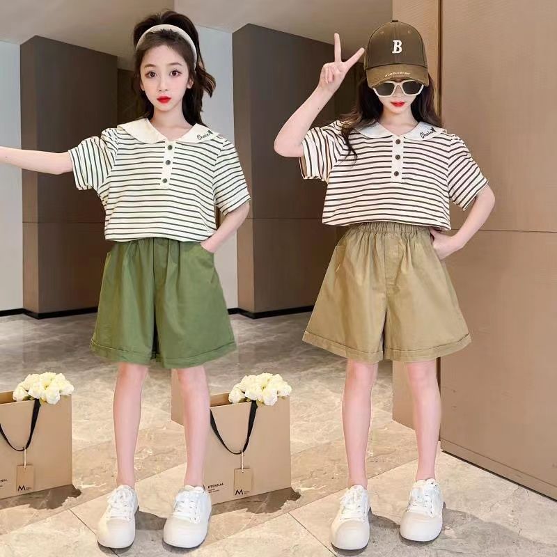 Girls Summer Suit Korean Style 2025 New Kidsren's Doll Collar Short-Sleeved Fashionable Girl Summer Stripesd Two-Piece Set
