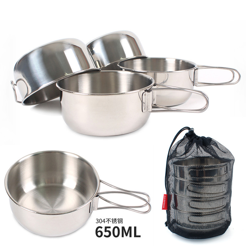 Picture of Outdoor Foldableing Bowl Set 304 Stainless Steel Mountaineering Camping 650ml Large 4-Piece Set Cup Foldableing Bowl Combination Tableware