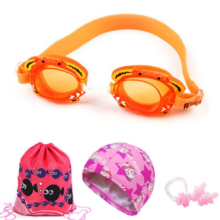 Picture of Children's Swimming Goggles Boys Transparent HD Waterproof Anti-fog Swimming Glasses Girls Cartoon Cute Swimming Goggles Swimming Cap Set