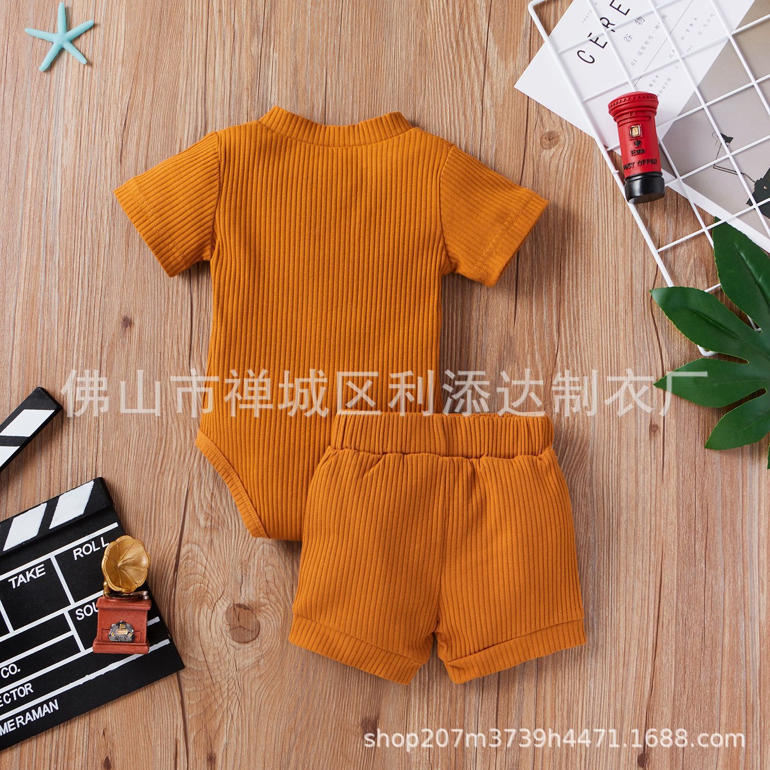 Picture of 2021 Amazon spring explosions toddler [short sleeve twist button stripes solid color pullover two-piece]]