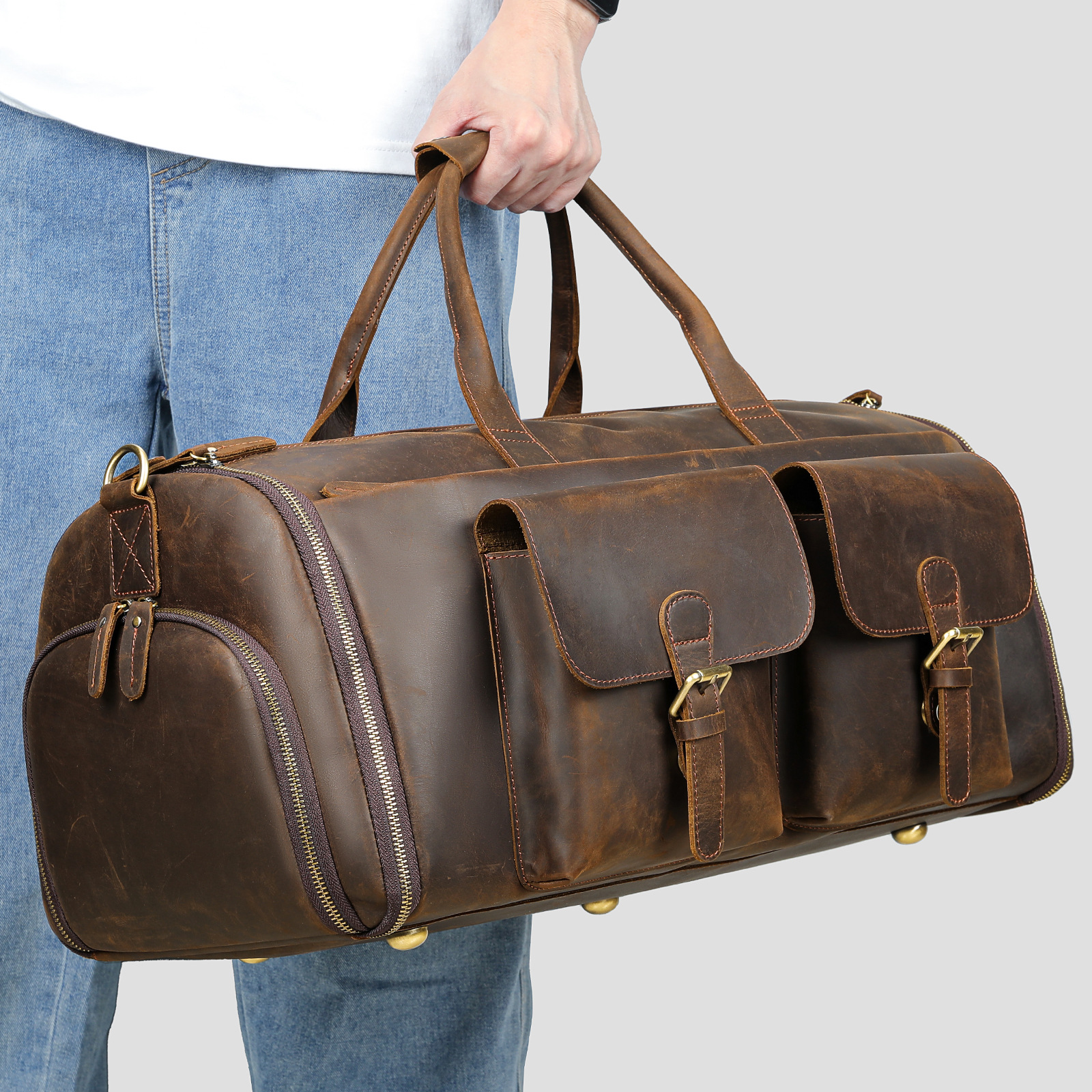 Crazy Horse Leather Large Capacity Travel Bag Men's Portable Fitness Bag with Shoe Bin Men's Retro Casual High-end Luggage Bag