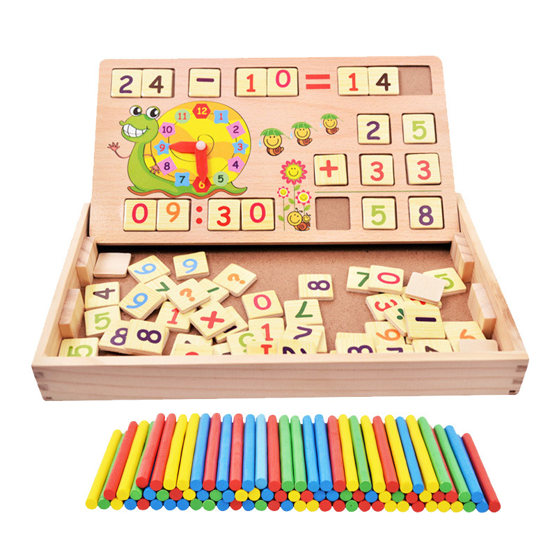 Children's Wooden Multifunctional Operation Learning Box Clock Counting Stick Student Addition and Subtraction Black and White Drawing Board Educational Toy