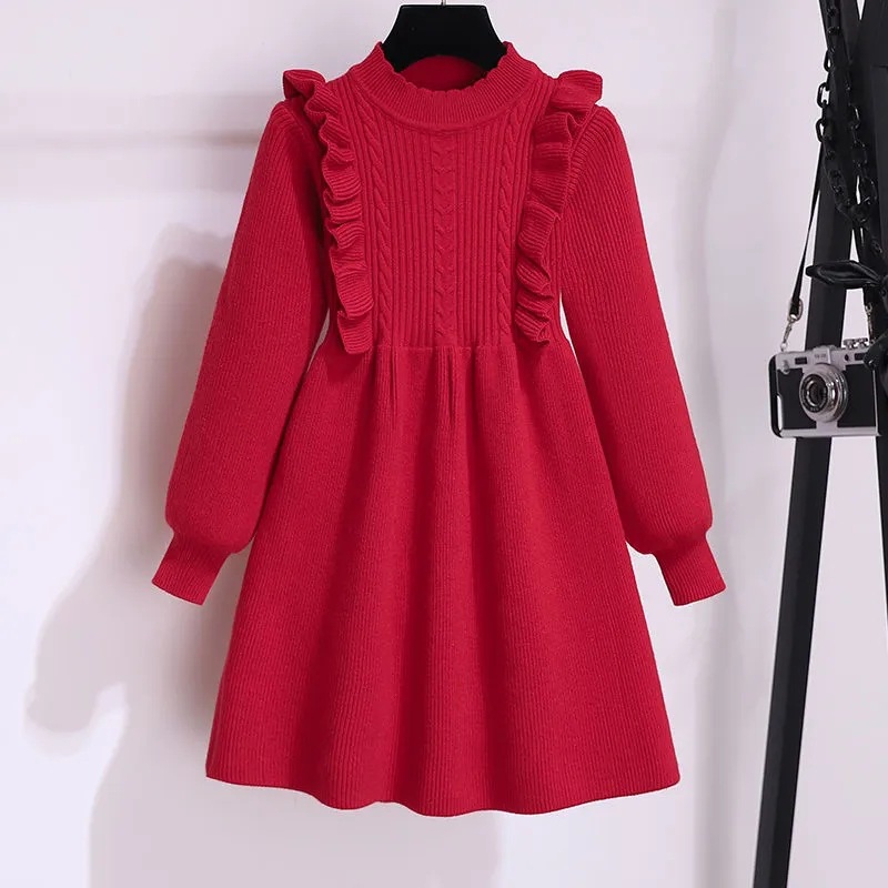 Girls Knitted Dress Autumn and Winter Autumn Children's Sweater Dress Red New Year Little Girl Sweet Princess Dress