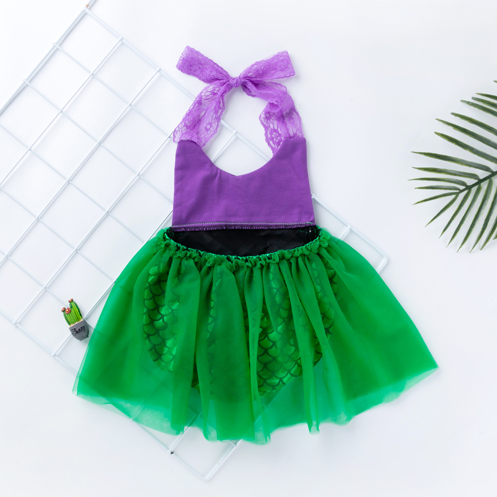 Picture of Baby Summer Mermaid Lace Suspender Dress 0-3 Years Old Cut Out Bellyband Skirt Hair Accessories Set Wholesale
