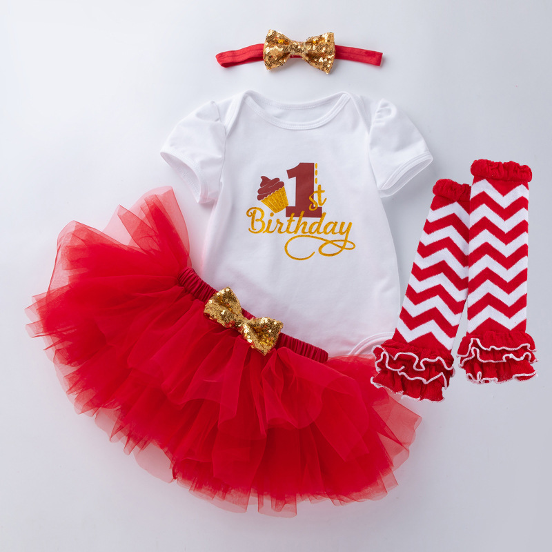 Picture of Cross-border Amazon European and American baby girls' birthday clothes 4-piece letter short-sleeved T-shirt princess dress socks suit