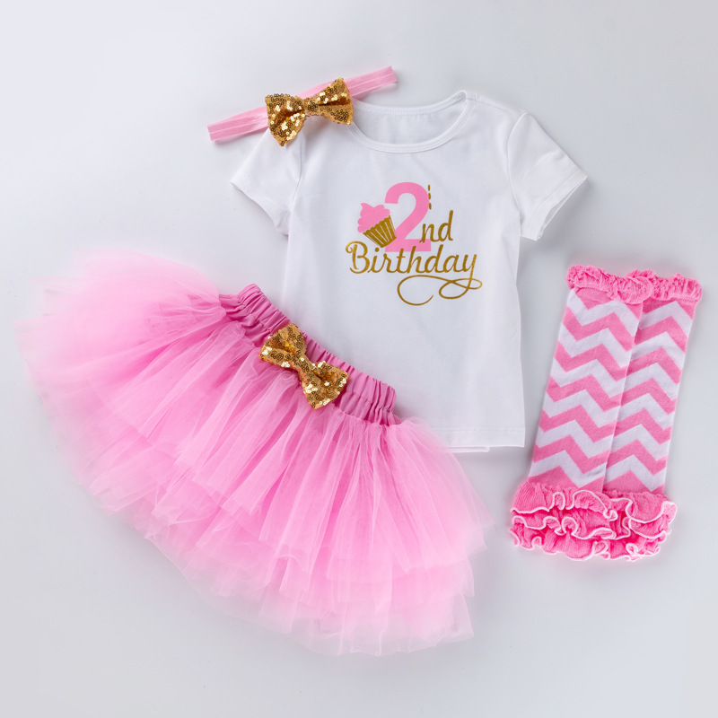 Picture of Cross-border Amazon European and American baby girls' birthday clothes 4-piece letter short-sleeved T-shirt princess dress socks suit