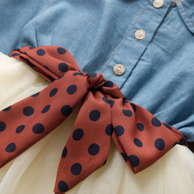 Picture of Autumn New Korean Style Girls' Dress Small and Medium-sized Children's Fashionable Long-sleeved Denim Vessel Skirt Polka Dot Belt Skirt 2208