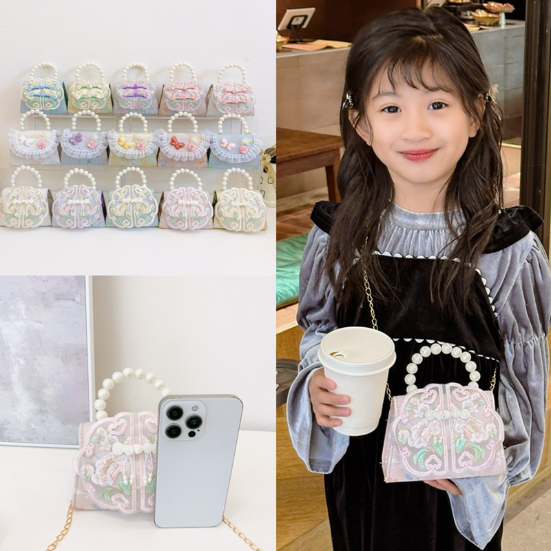 Children's Bag Cute Guofeng Shoulder Crossbody Bag Princess Accessories Chain Bag Girl's Pearl Hand Coin Purse
