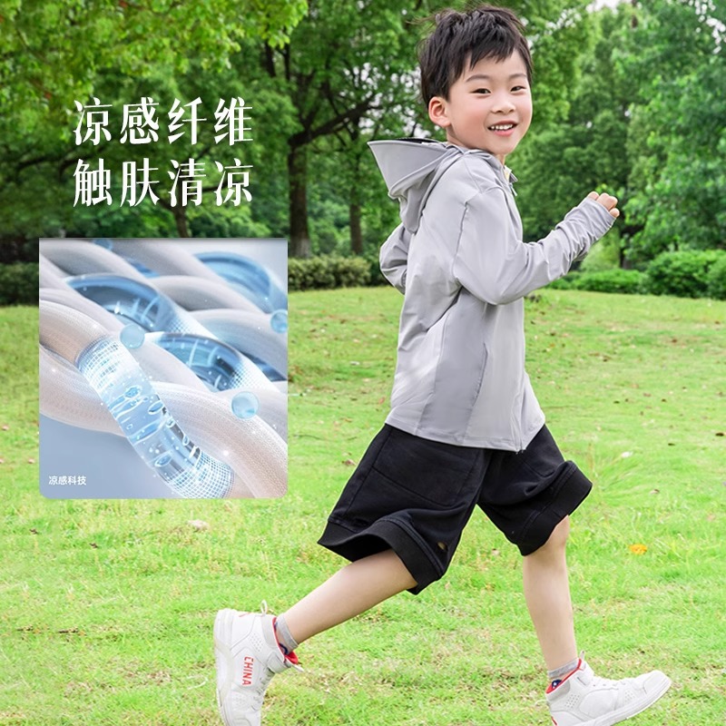 Picture of Girls' Sunscreen Clothing Boys' Summer Ice Silk Cool Sense Hat Brim UV Protection 2025 New Style Children's Sunscreen Clothing
