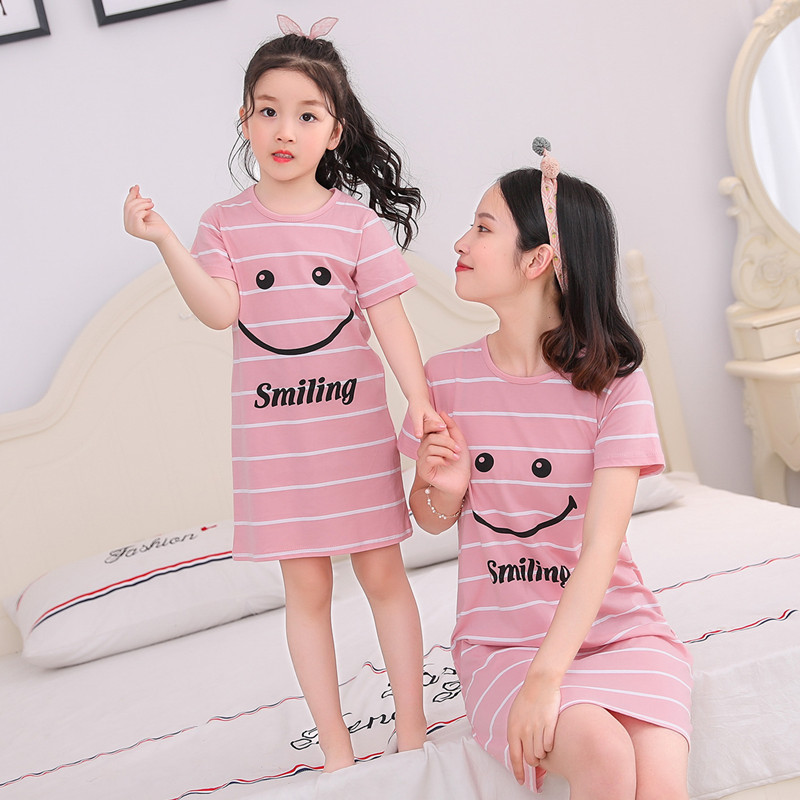 Children's parent-child nightdress short-sleeved summer girls' pure cotton baby thin princess dress little girl pajamas homewear
