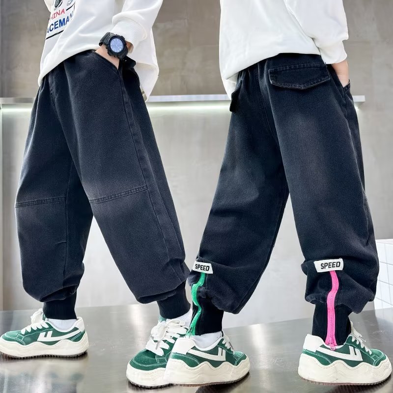 2024 children's clothing new children's pants autumn versatile boys' casual pants middle and big children boys' jeans ankle-tied pants
