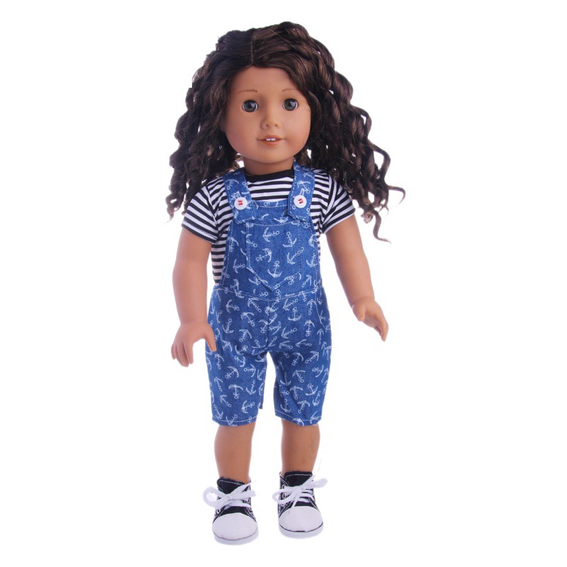 New 18 inch American doll accessories denim suspenders 43cm summer doll clothes set factory straight hair