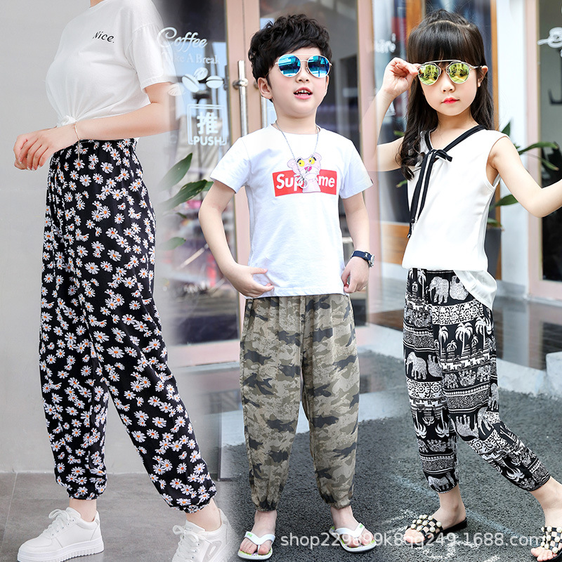 Picture of Parent-Child Bloomers Boys' Beach Pants Girls' Thin Anti-mosquito Pants Comfortable Ice Silk Large Children's Cotton Silk Trousers