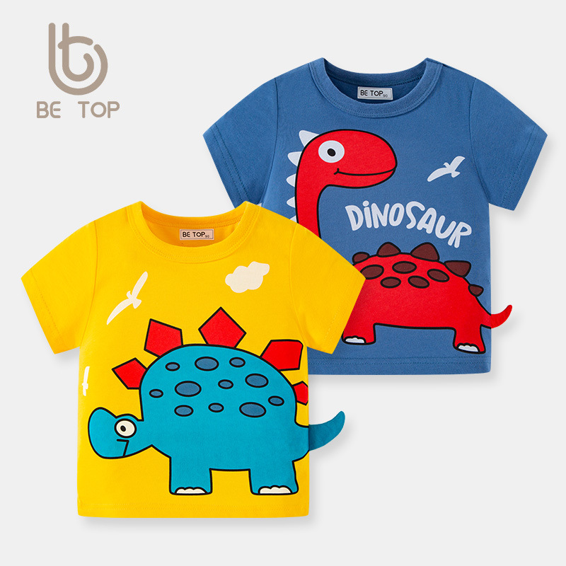 2025 New Betop Kidsren's Clothing Kidsren's T-Shirt Summer Korean Style Boys Short-Sleeved Dinosaur Cartoon Top with a Sample