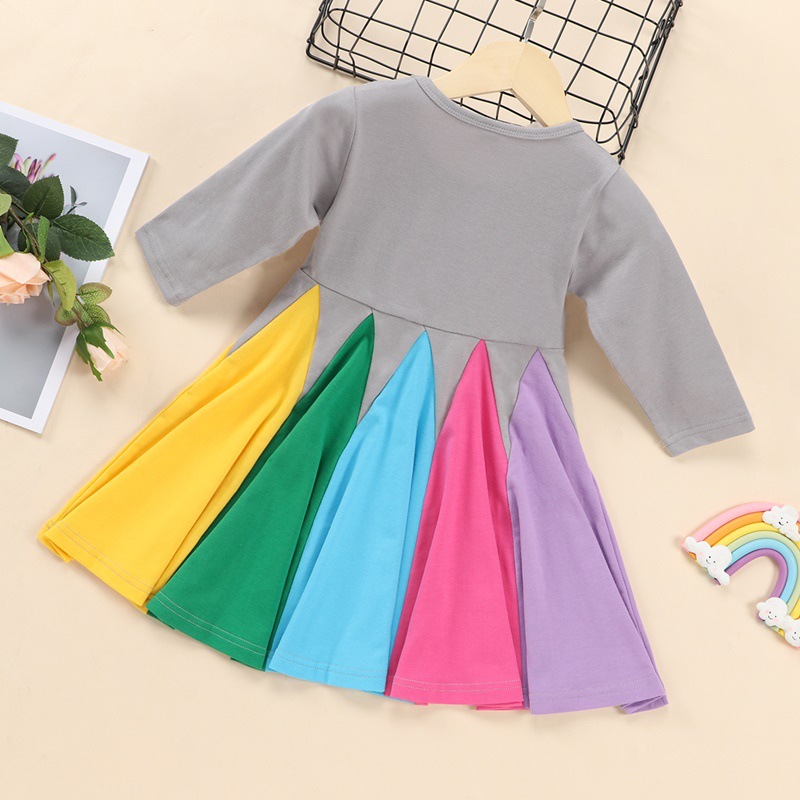 Picture of Girls' Dress New Style Color Matching Children's Long-Sleeved Rainbow Princess Dress