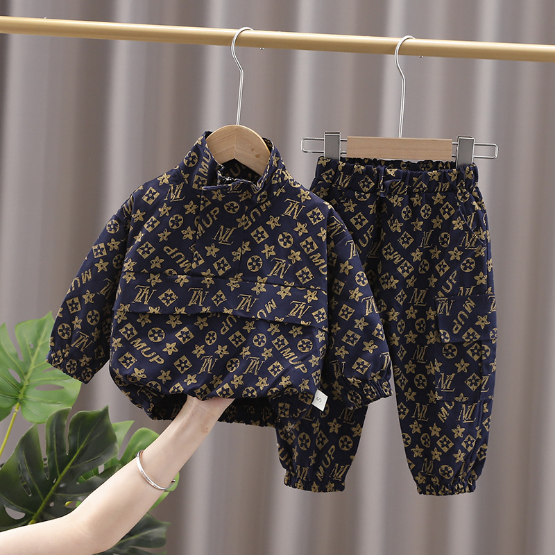 Picture of Children's children's clothing Korean new boys and girls baby two-piece set stitching collar printing long sleeve two-piece suit fashion generation hair
