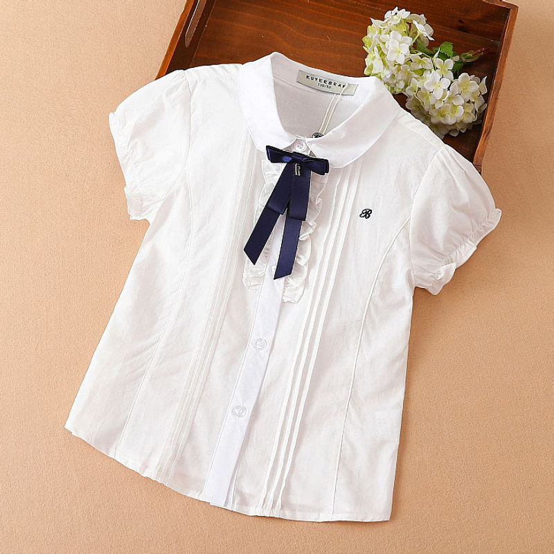Picture of Girls' Short-sleeved Shirt Spot Summer Korean Style Middle and Big Children's White Bow Pure Cotton Short-sleeved Lapel Children's Shirt