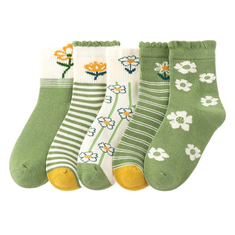 Autumn new children's socks boys and girls baby cartoon flower short socks combination plaid striped cotton socks five pairs wholesale