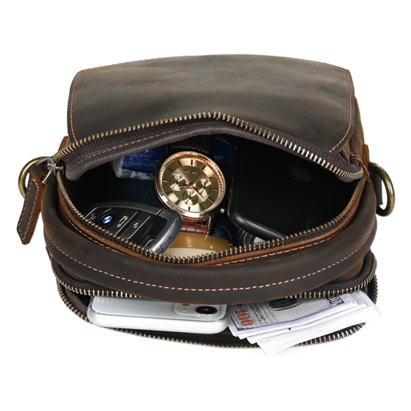 One-Shoulder Retro Crossbody Bag First-Layer Cowhide Genuine Leather Men's Cross-Body Chest Bag