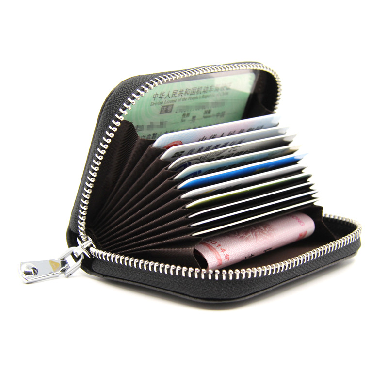 Picture of Amazon organ first layer cowhide ID card holder RFID anti-theft brush multi-card position large capacity zipper leather card holder