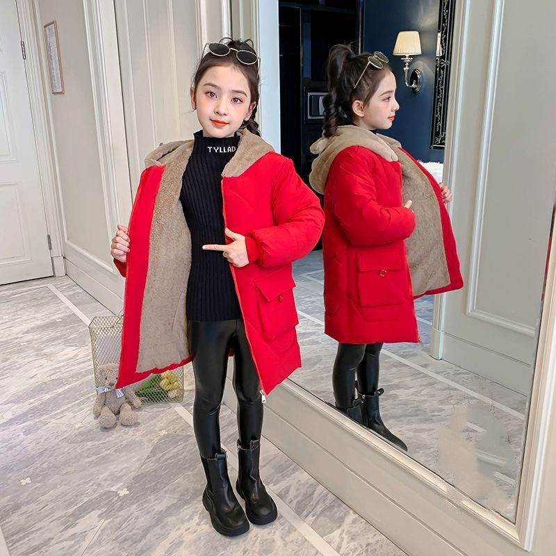 Picture of Girls' winter clothes 2023 new fleece-lined cotton-padded coat Western style down jacket mid-length coat Winter Children's cotton-padded coat