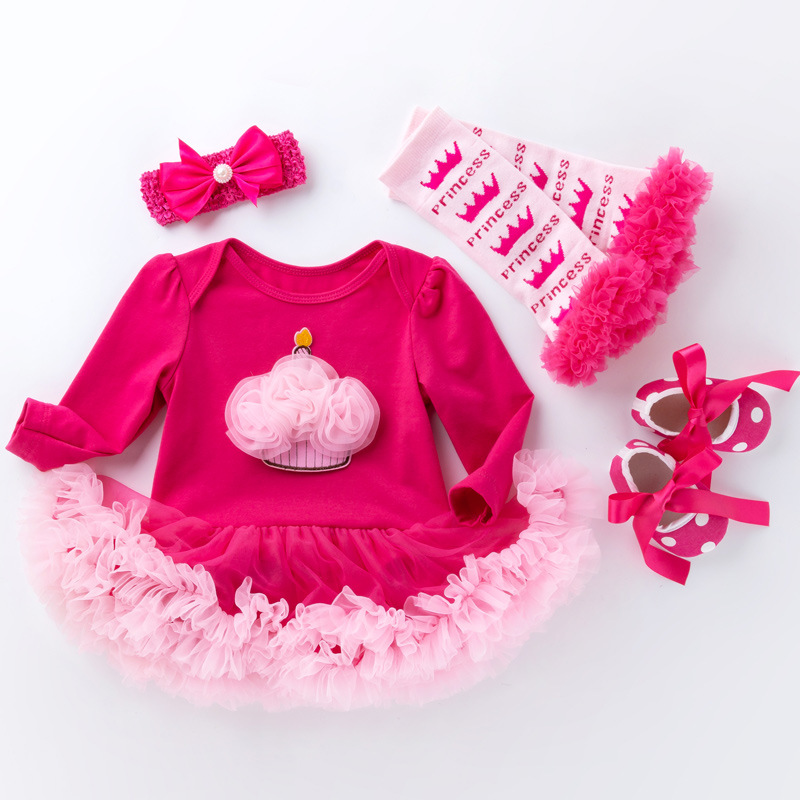 Picture of Cross-border foreign trade baby long-sleeved one-piece dress baby pink yarn dress socks suit girls' holiday children's dress 4-piece set
