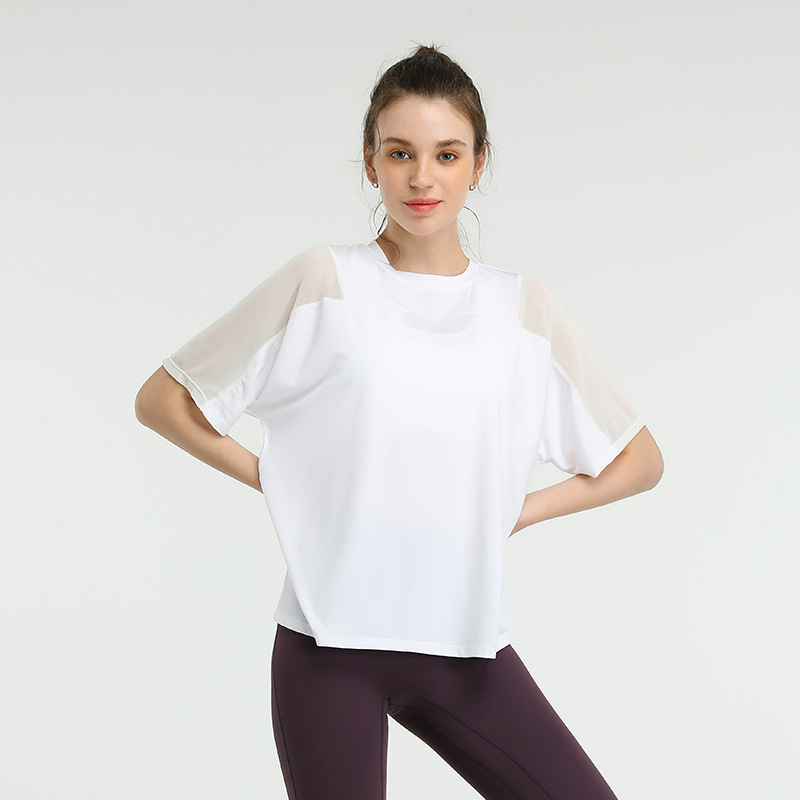 Picture of European and American Quick-drying Hip Covering Loose Running Blouse T-shirt Mesh Stitching Sports Short-sleeved Fitness Yoga Clothing Women's Summer