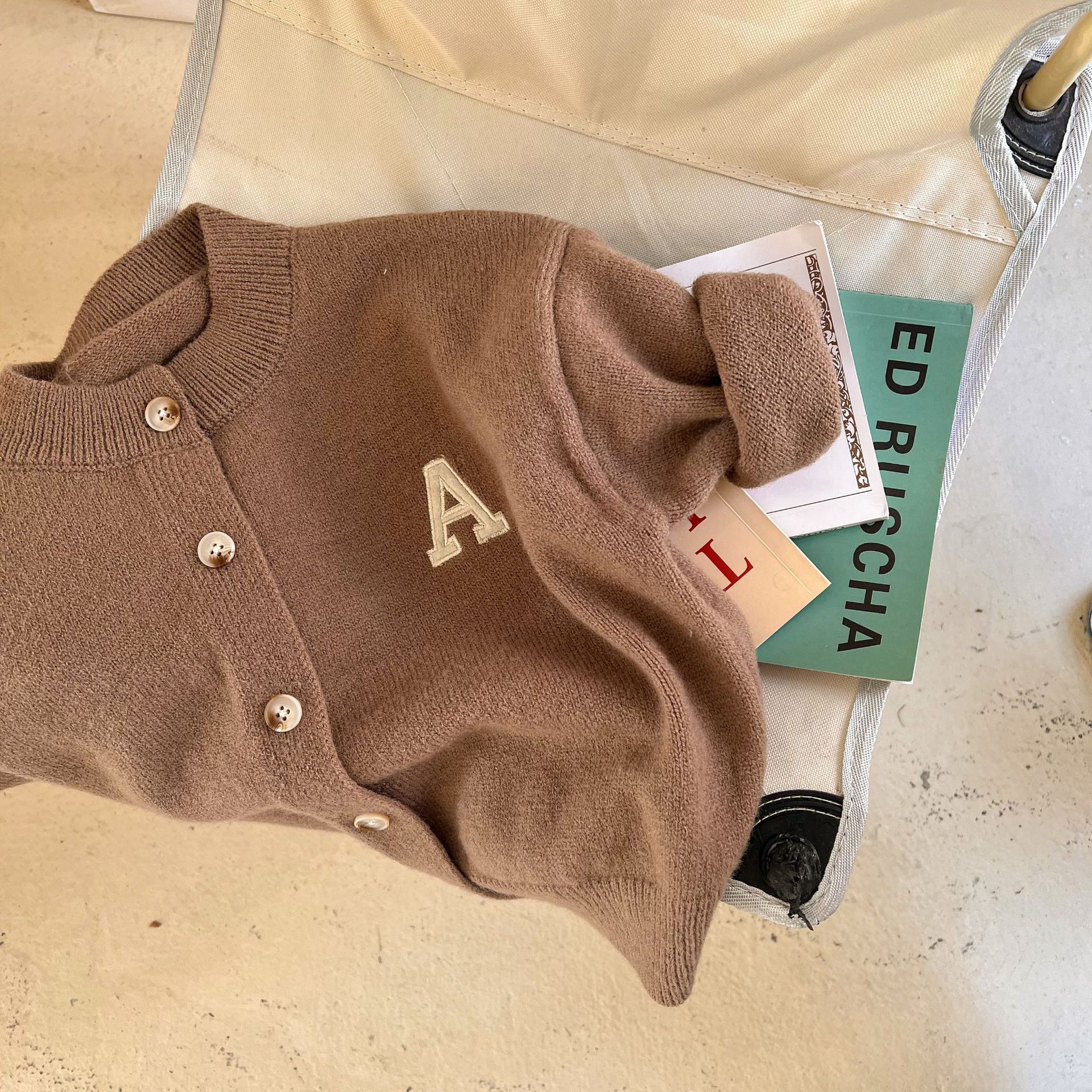 Picture of Trendy children's sweater 2023 spring new boys and girls round neck solid color letter wool cardigan baby casual coat