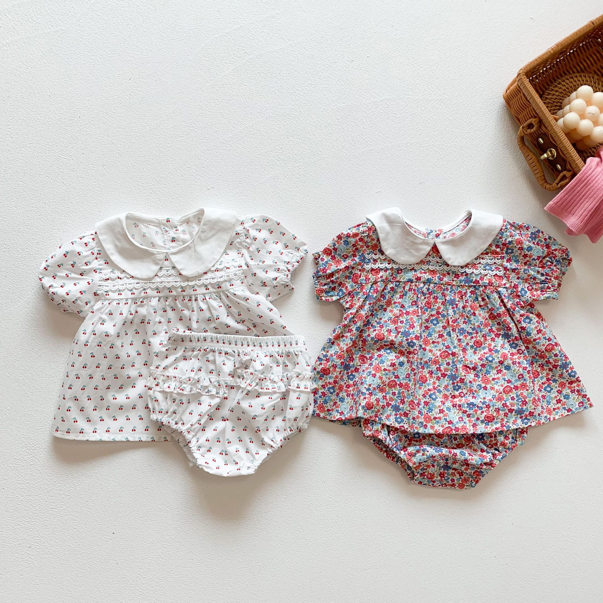 Picture of 2025 Summer Korean Style Floral Baby Short-Sleeved Two-Piece Set Small Cherry Kidsren's Split Shorts Girls' Clothes in Stock
