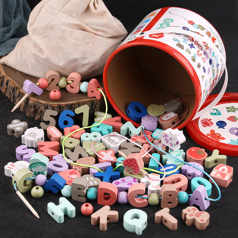 Picture of Wooden Balls Wooden 100 Pieces Number Letters City Transportation Fruit and Vegetable Farm Kidsren's Beaded Game Toys