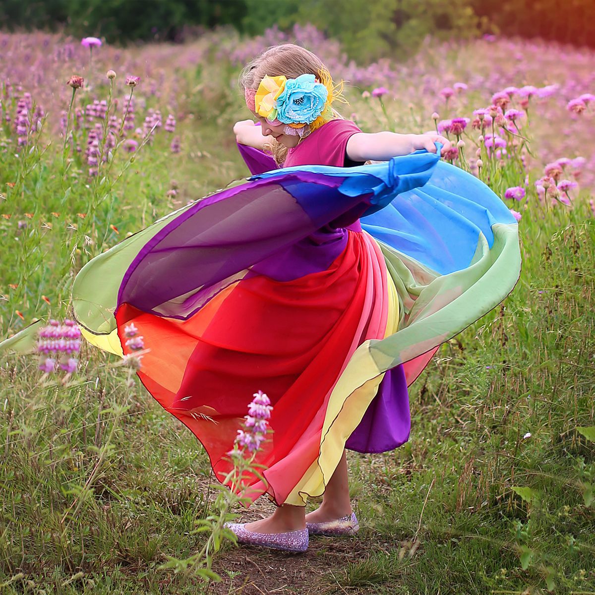 Picture of Foreign trade summer new girls skirt short sleeve rainbow stitching mesh dress girls rainbow princess dress wholesale