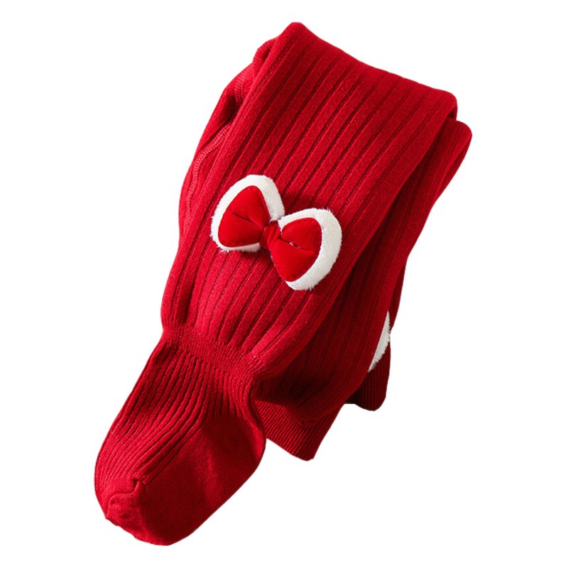 Children's Leggings Red Autumn and Winter fleece-lined Thickened Baby Leggings Vertical Stripe Baby's Big PP Pantyhose Baby