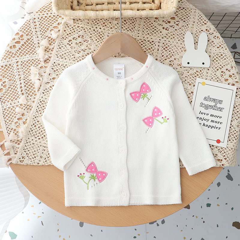 Picture of Children's Pure Cotton Knitted Sweater Jacket Embroidered Bow Female Treasure Cute Top Jacket Thin Shawl Girls' Cardigan