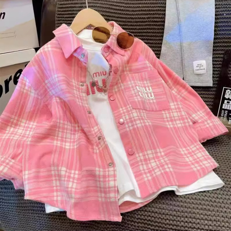 Girls' Shirt Spring 2024 New Style Kidsren's Long-sleeved Plaid Shirt Spring & Fall Outwear Little Girl's Top