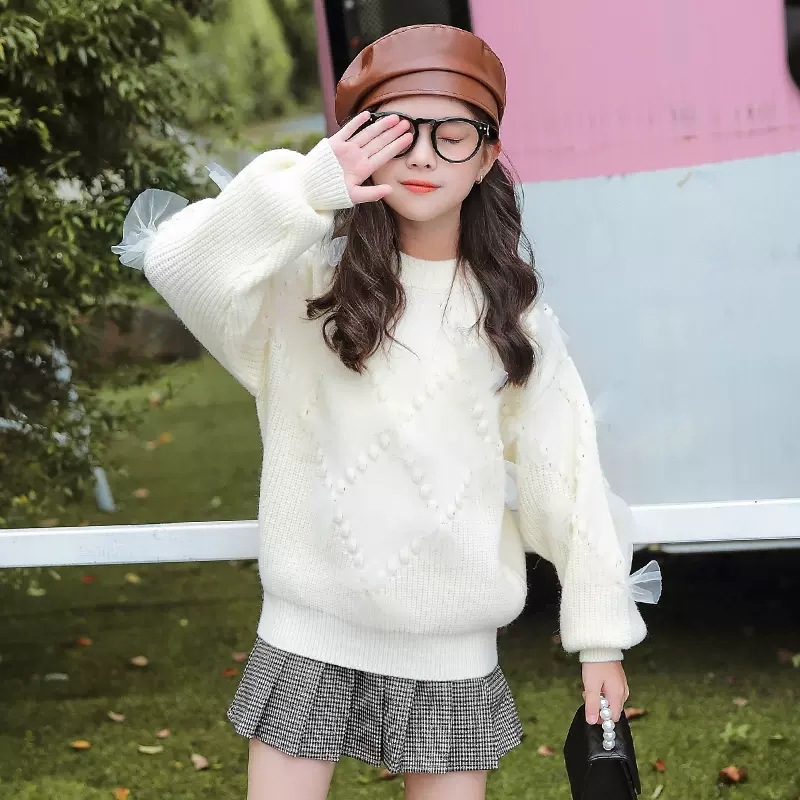 Girl's Autumn Sweater Children's Wear New Children's Western Style Girl's Spring and Autumn Bow Knitted Base Shirt Wool Top