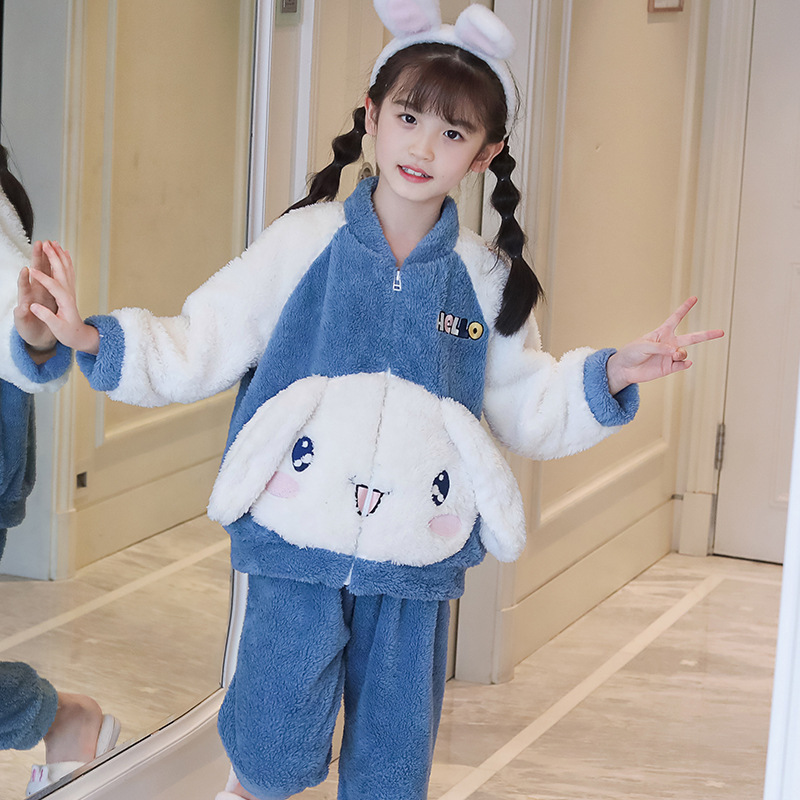 Children's Pajamas Winter Plush Boys and Girls Cotton Velvet Cute Sweet Baby High Zipper Suit Home Clothes