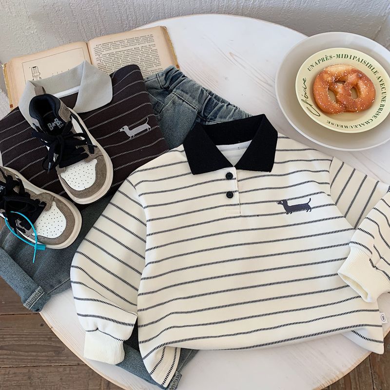 Boys' Long Sleeve POLO Shirt 2025 Spring New Children's Striped Fashion Casual Embroidered Cartoon Loose Sweater Trendy