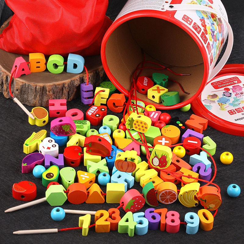 Picture of Wooden Balls Wooden 100 Pieces Number Letters City Transportation Fruit and Vegetable Farm Kidsren's Beaded Game Toys