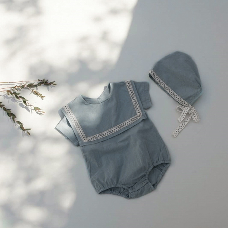 Picture of 2024 summer baby clothing large lapel cotton lace baby jumpsuit baby clothes triangle climbing suit hat