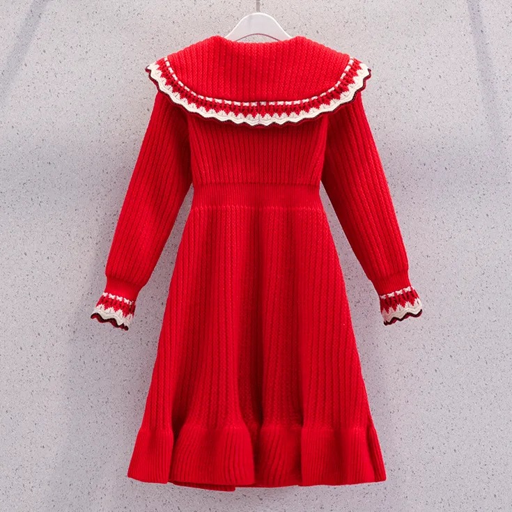 Picture of Girls' Fragrant Style Sweater Dress Autumn and Winter Mid-Big Kids Stylish Lapel Sweater Knitted Dress Winter Inner Skirt