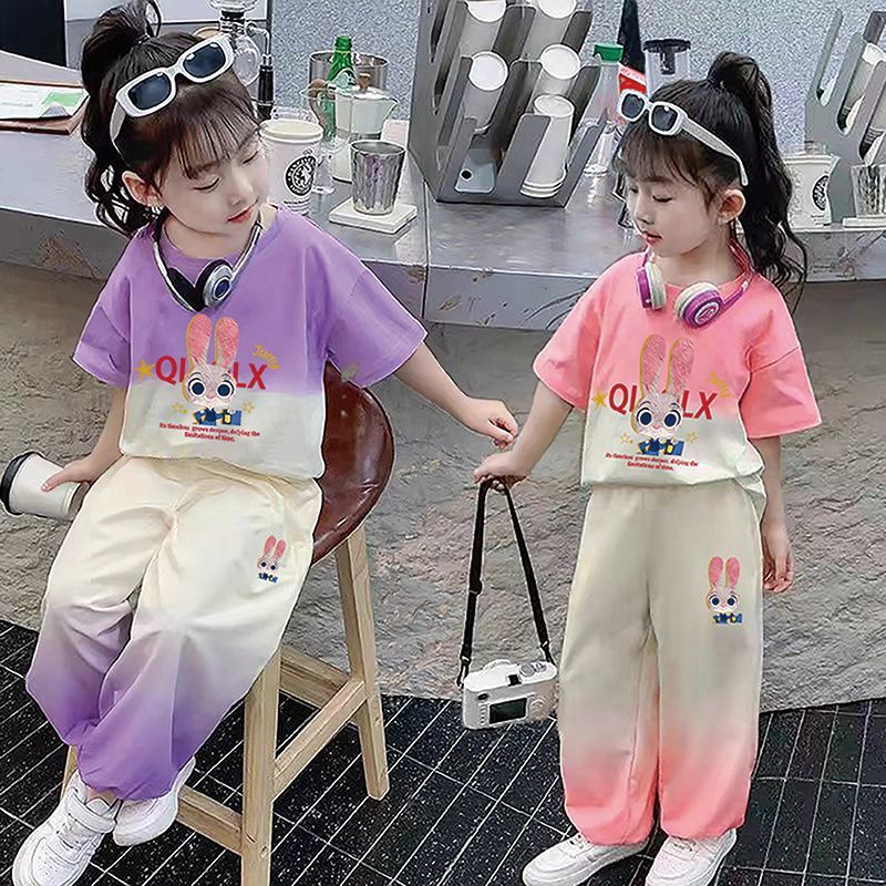 [Hot-Selling Children's Clothing] Girls Internet Celebrity Fashionable Thin Short-Sleeved Suit New Baby Girl Gradient Color Pants Two Pieces
