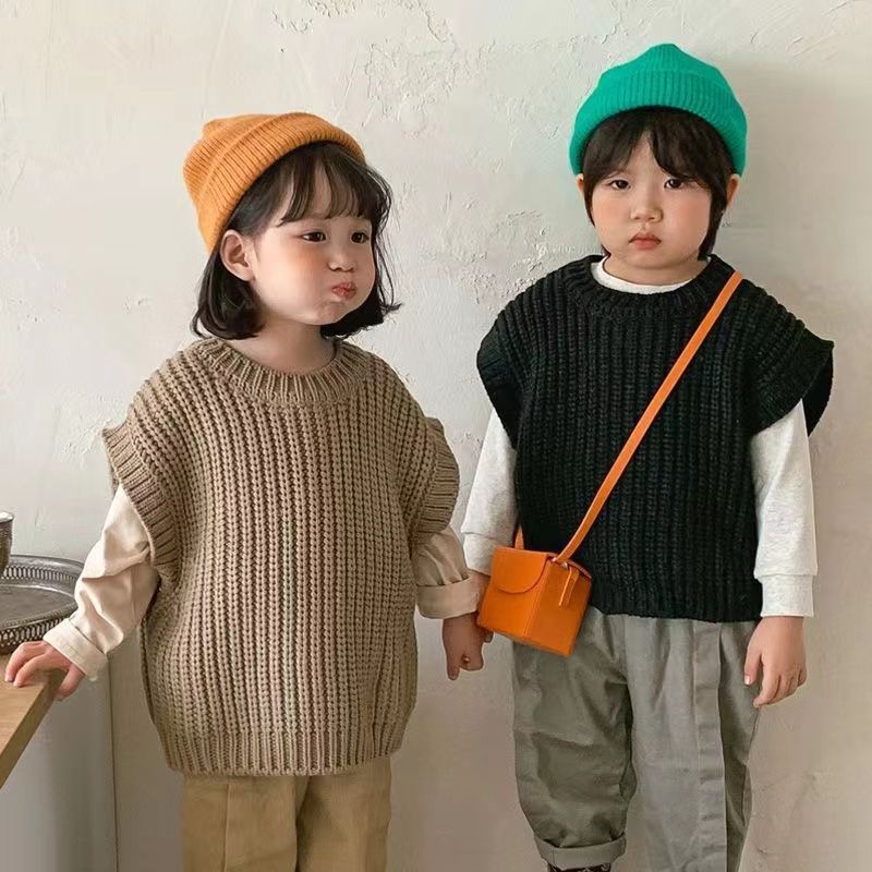 South Korea Children's Wear Children's Sweater Crewneck Retro Korean Style Autumn Sweater Vest Stychy Men's and Women's Trendy Knitted Walls