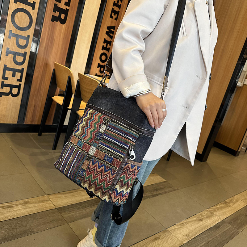 Picture of Vintage Ethnic Style Backpack Women's 2025 New Large Capacity Denim Bag Contrast Embroidered Dual-purpose Shoulder Bag