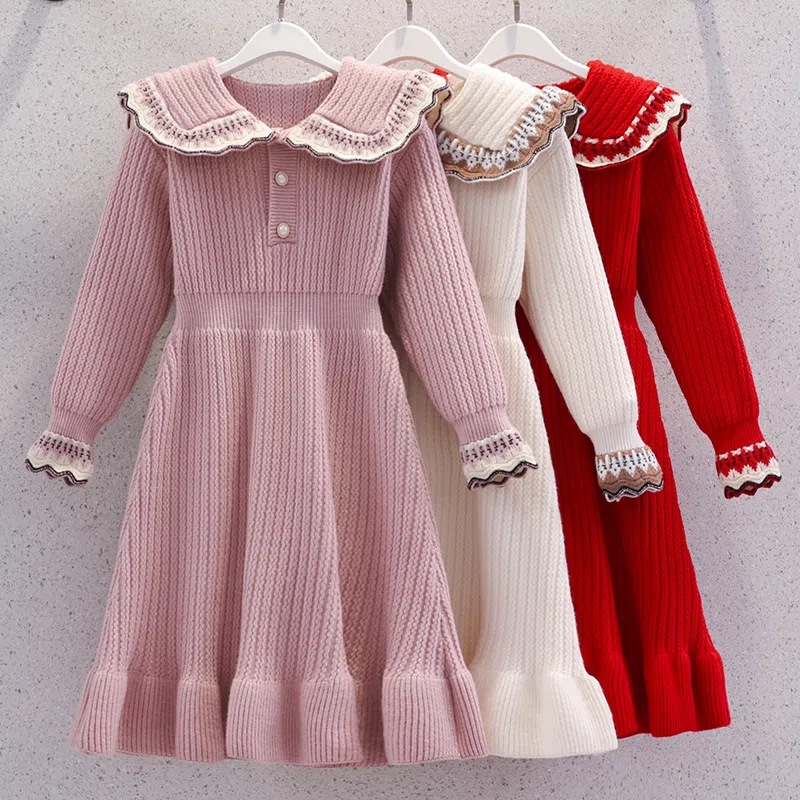 Picture of Girls' Fragrant Style Sweater Dress Autumn and Winter Mid-Big Kids Stylish Lapel Sweater Knitted Dress Winter Inner Skirt