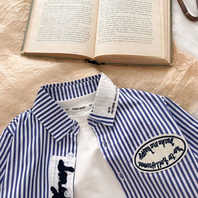 Picture of Boys Korean Style Shirt 2024 Autumn New Blue and White Striped Long Sleeve Top Baby Lapel Shirt Fried Street Thin Korean Style