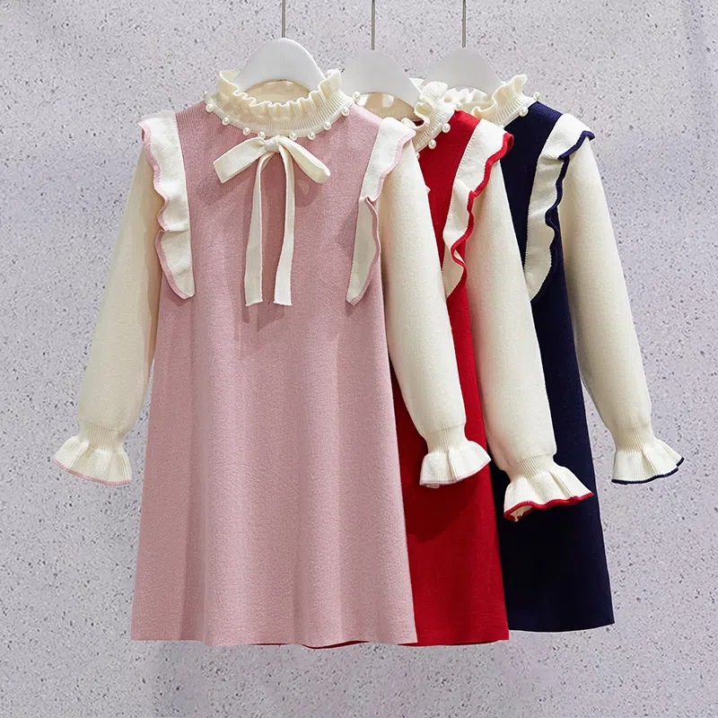 Picture of Girls Dress Autumn and Winter New Sweet Pearl Neck Sweater Dress Children's Fashionable Knitted Sweater Dress