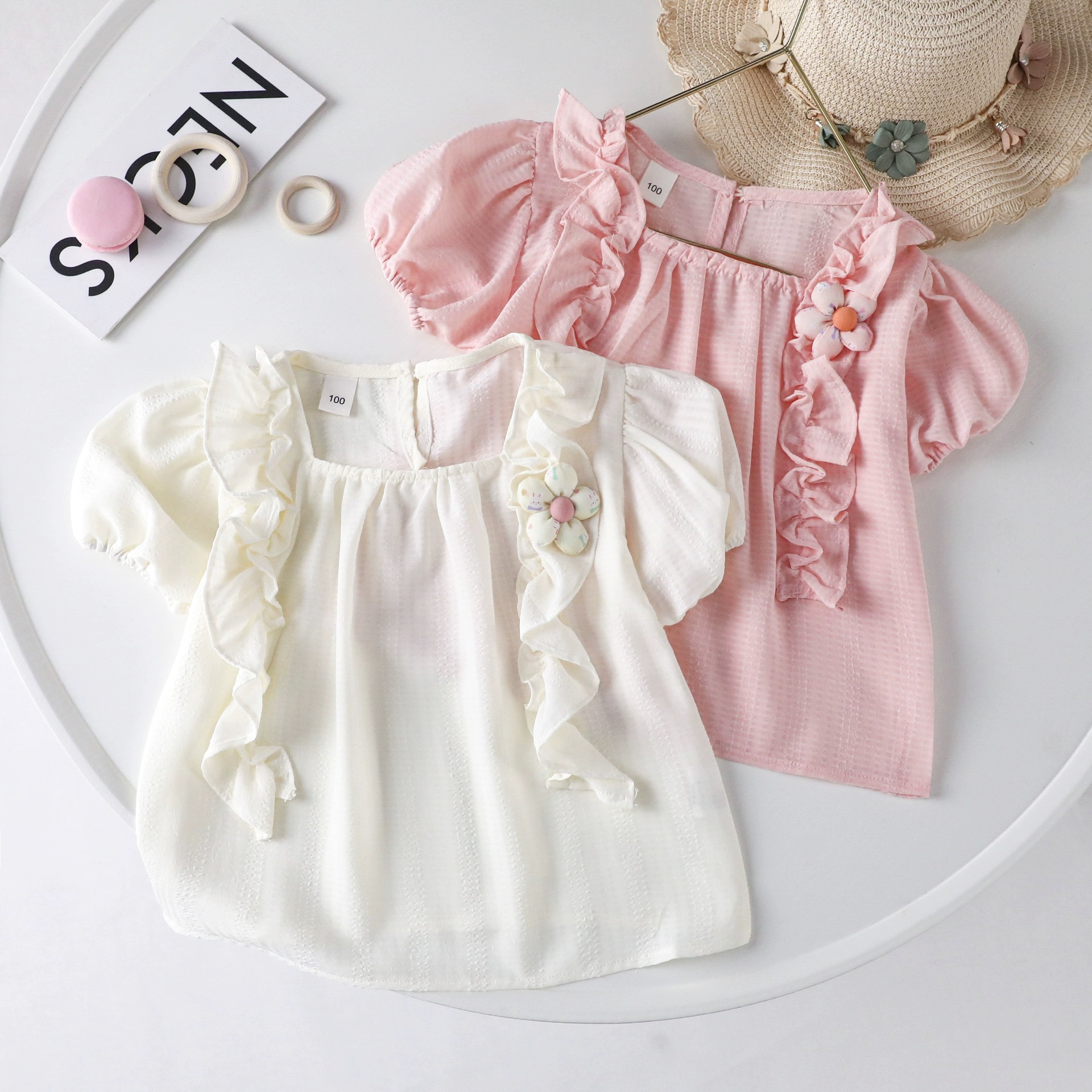Girls Summer Shirt 2025 New Baby Girl Fashionable Puff Sleeve Ruffled Princess Style Chiffon Short Sleeve Sun Protection